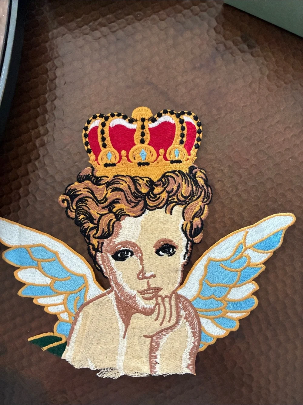 Cherub Angel Patch with Crown - Blue & Gold Embroidery